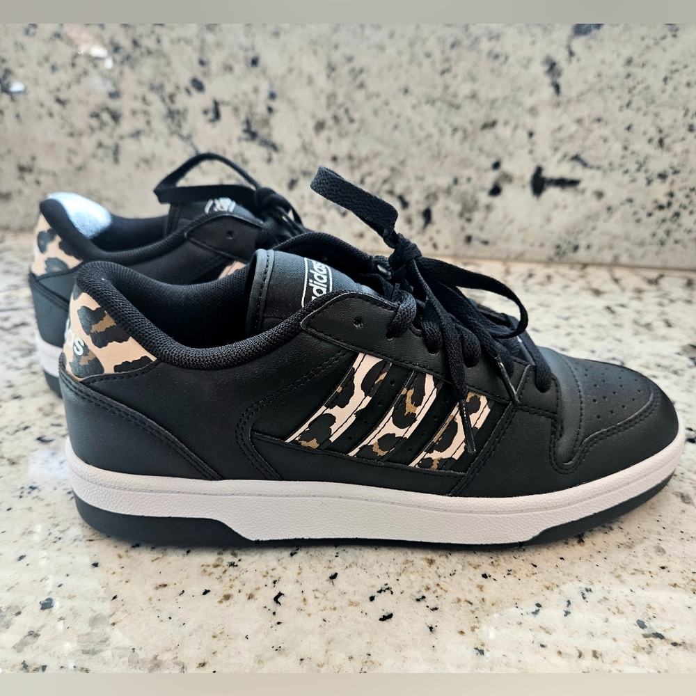 NEW adidas Black Sneakers with Leopard Stripe Accent
